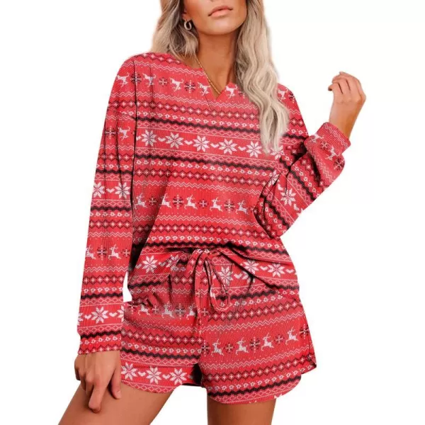 Ekouaer Womens Waffle Knit Pajamas Lounge Set Long Sleeve Top and Shorts 2 Piece Loungewear with PocketsChristmas Red