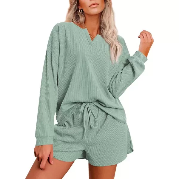 Ekouaer Womens Waffle Knit Pajamas Lounge Set Long Sleeve Top and Shorts 2 Piece Loungewear with PocketsGray Green