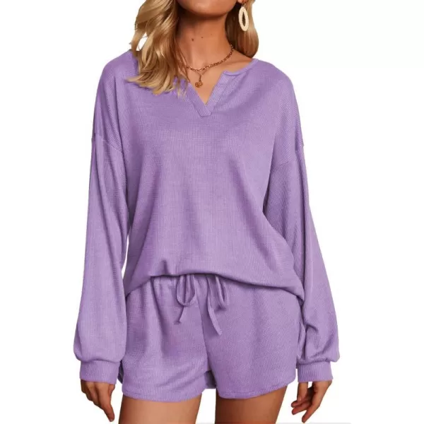 Ekouaer Womens Waffle Knit Pajamas Lounge Set Long Sleeve Top and Shorts 2 Piece Loungewear with PocketsLilac