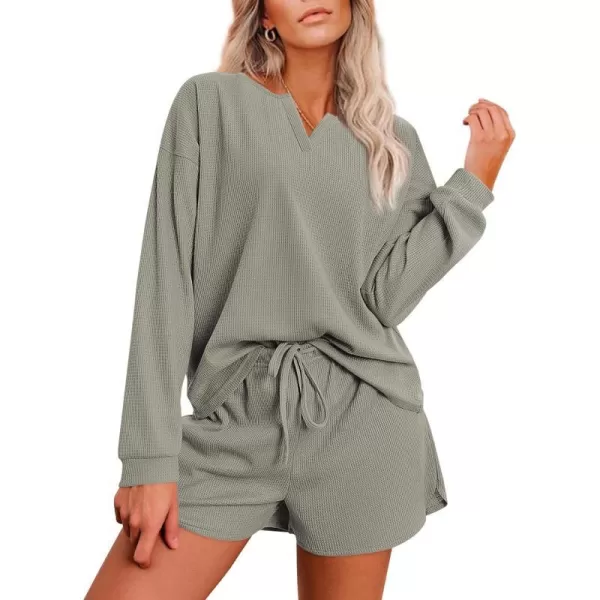 Ekouaer Womens Waffle Knit Pajamas Lounge Set Long Sleeve Top and Shorts 2 Piece Loungewear with PocketsOlive Green