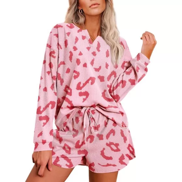 Ekouaer Womens Waffle Knit Pajamas Lounge Set Long Sleeve Top and Shorts 2 Piece Loungewear with PocketsPink Leopard