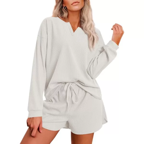 Ekouaer Womens Waffle Knit Pajamas Lounge Set Long Sleeve Top and Shorts 2 Piece Loungewear with PocketsWhite