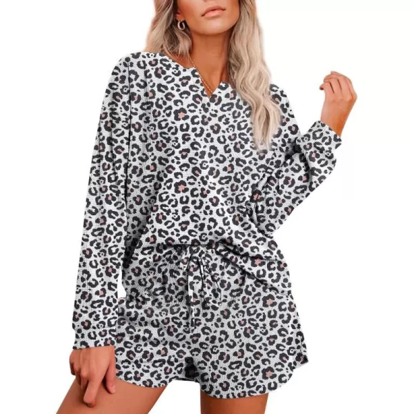 Ekouaer Womens Waffle Knit Pajamas Lounge Set Long Sleeve Top and Shorts 2 Piece Loungewear with PocketsWhite Leopard