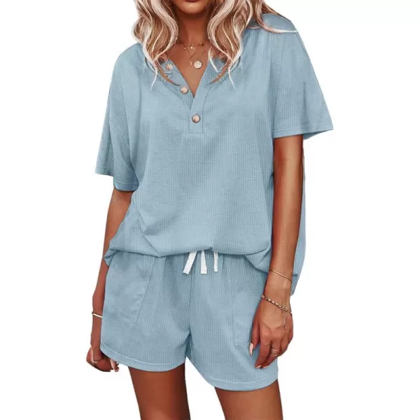 Ekouaer Womens Waffle Knit Pajamas Set Short Sleeve Top with Shorts Matching Lounge Sets Loungewear Sweatsuit with PocketsA02 Light Blue