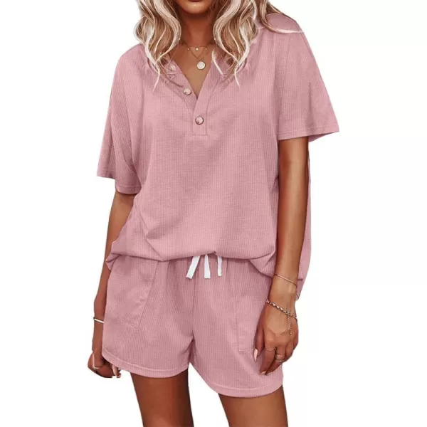 Ekouaer Womens Waffle Knit Pajamas Set Short Sleeve Top with Shorts Matching Lounge Sets Loungewear Sweatsuit with PocketsA03 Pink