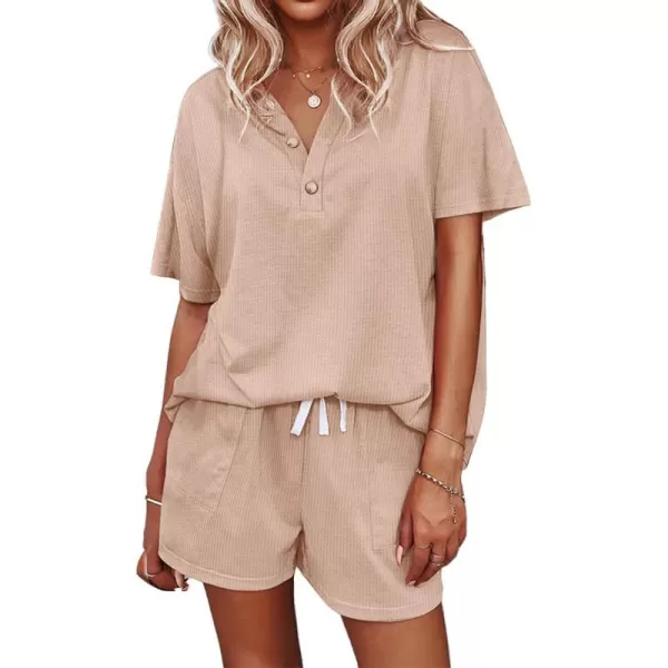 Ekouaer Womens Waffle Knit Pajamas Set Short Sleeve Top with Shorts Matching Lounge Sets Loungewear Sweatsuit with PocketsA04 Khaki