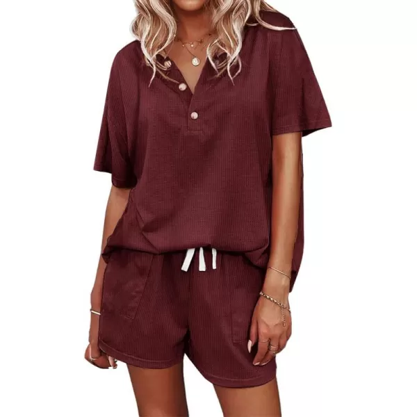 Ekouaer Womens Waffle Knit Pajamas Set Short Sleeve Top with Shorts Matching Lounge Sets Loungewear Sweatsuit with PocketsA05 Wine Red