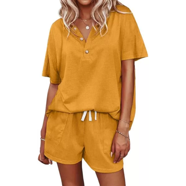 Ekouaer Womens Waffle Knit Pajamas Set Short Sleeve Top with Shorts Matching Lounge Sets Loungewear Sweatsuit with PocketsA06 Yellow