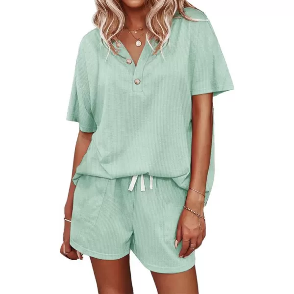 Ekouaer Womens Waffle Knit Pajamas Set Short Sleeve Top with Shorts Matching Lounge Sets Loungewear Sweatsuit with PocketsA07 Light Green