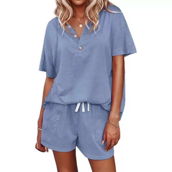 Ekouaer Womens Waffle Knit Pajamas Set Short Sleeve Top with Shorts Matching Lounge Sets Loungewear Sweatsuit with PocketsA09 Navy Blue