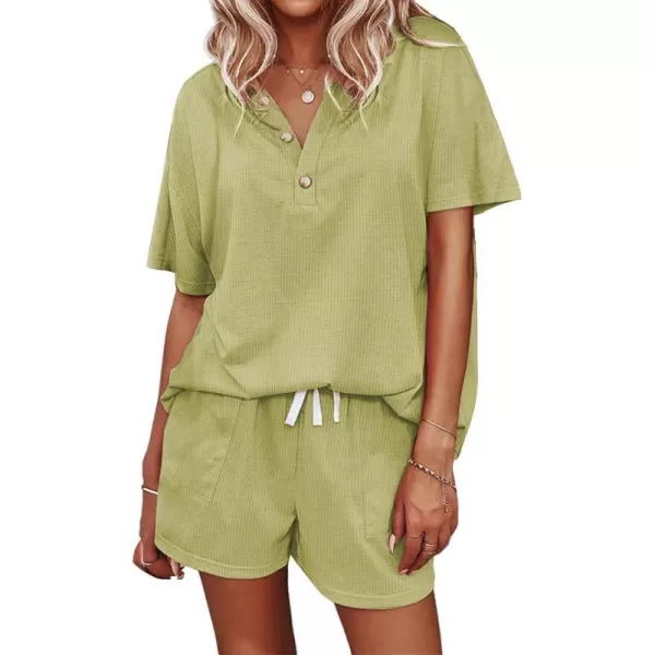 Ekouaer Womens Waffle Knit Pajamas Set Short Sleeve Top with Shorts Matching Lounge Sets Loungewear Sweatsuit with PocketsA10 Green