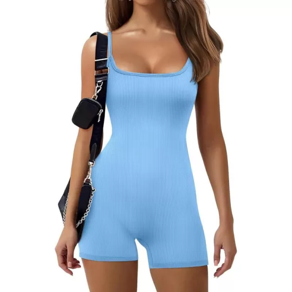 Ekouaer Womens Workout Romper Ribbed Unitard Stretch One Piece Short Jumpsuits Yoga Sleeveless Adjustable Outfits 2024Sky Blue