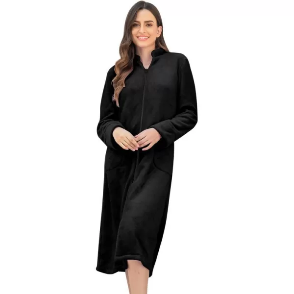 Ekouaer Womens Zip Up Robe Fleece Bathrobe Long Zipper Lounger Warm Housecoat Long Sleeve Nightgown with Pockets SXXLAblack