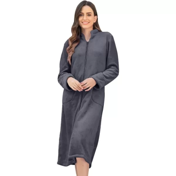 Ekouaer Womens Zip Up Robe Fleece Bathrobe Long Zipper Lounger Warm Housecoat Long Sleeve Nightgown with Pockets SXXLAdeep Grey