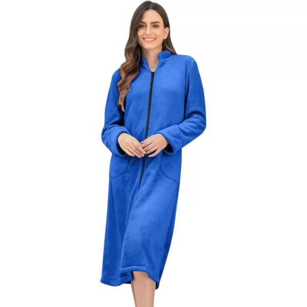 Ekouaer Womens Zip Up Robe Fleece Bathrobe Long Zipper Lounger Warm Housecoat Long Sleeve Nightgown with Pockets SXXLAdeep Sky Blue