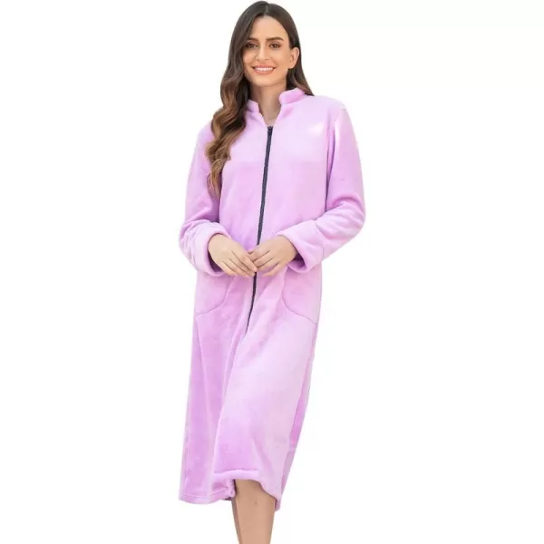 Ekouaer Womens Zip Up Robe Fleece Bathrobe Long Zipper Lounger Warm Housecoat Long Sleeve Nightgown with Pockets SXXLAlavender