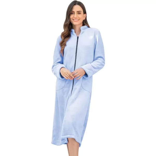 Ekouaer Womens Zip Up Robe Fleece Bathrobe Long Zipper Lounger Warm Housecoat Long Sleeve Nightgown with Pockets SXXLAlight Blue