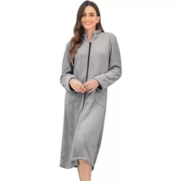 Ekouaer Womens Zip Up Robe Fleece Bathrobe Long Zipper Lounger Warm Housecoat Long Sleeve Nightgown with Pockets SXXLAlight Grey