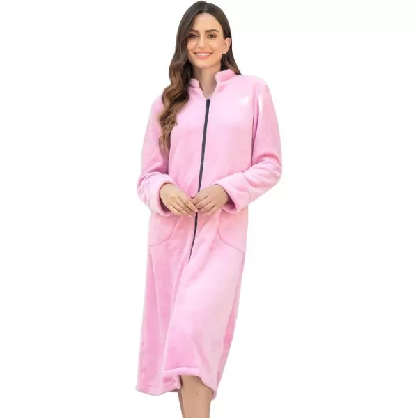 Ekouaer Womens Zip Up Robe Fleece Bathrobe Long Zipper Lounger Warm Housecoat Long Sleeve Nightgown with Pockets SXXLApink