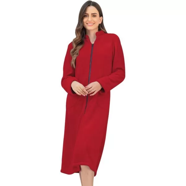 Ekouaer Womens Zip Up Robe Fleece Bathrobe Long Zipper Lounger Warm Housecoat Long Sleeve Nightgown with Pockets SXXLAred