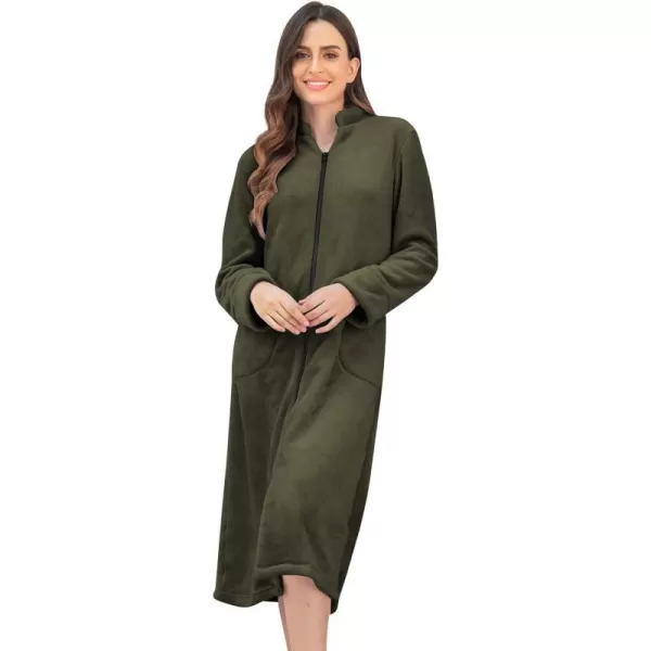 Ekouaer Womens Zip Up Robe Fleece Bathrobe Long Zipper Lounger Warm Housecoat Long Sleeve Nightgown with Pockets SXXLArmy Green