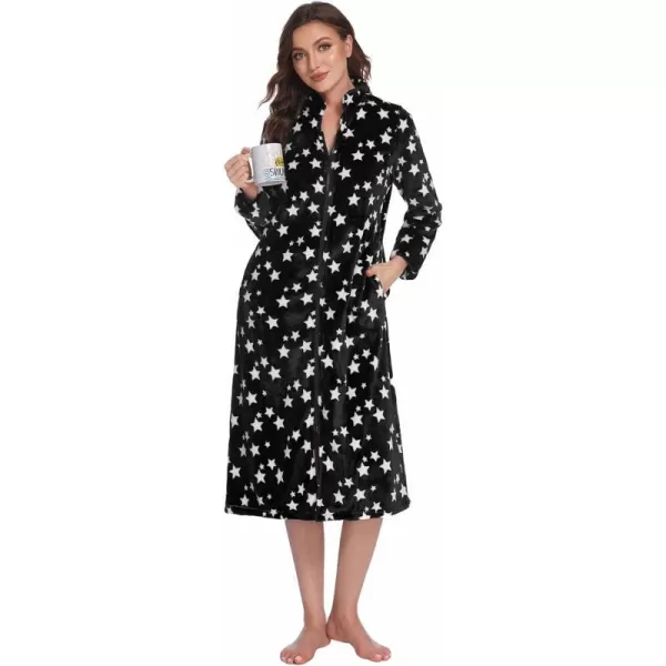 Ekouaer Womens Zip Up Robe Fleece Bathrobe Long Zipper Lounger Warm Housecoat Long Sleeve Nightgown with Pockets SXXLBblack Stars