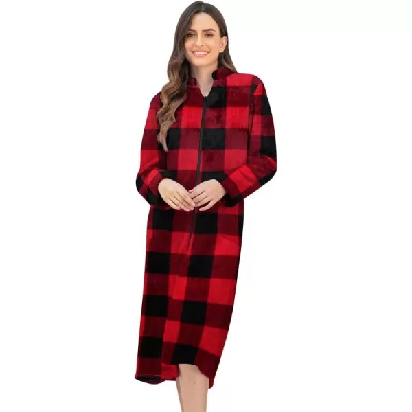 Ekouaer Womens Zip Up Robe Fleece Bathrobe Long Zipper Lounger Warm Housecoat Long Sleeve Nightgown with Pockets SXXLFleece Red Black Plaid