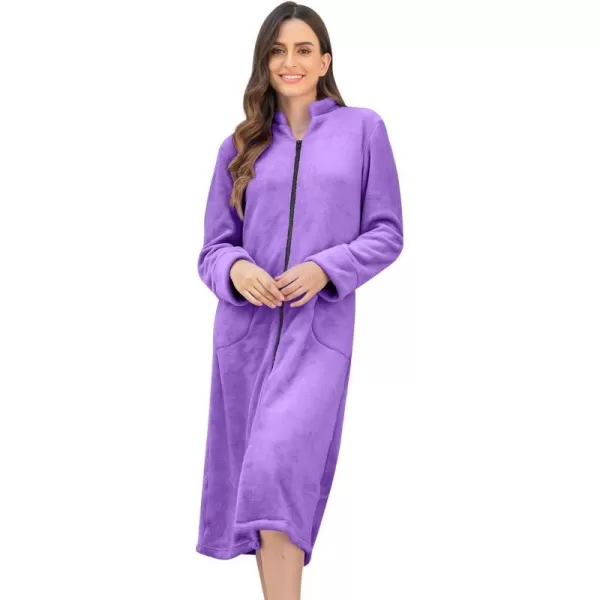 Ekouaer Womens Zip Up Robe Fleece Bathrobe Long Zipper Lounger Warm Housecoat Long Sleeve Nightgown with Pockets SXXLPurple