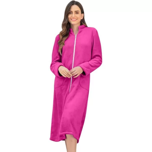 Ekouaer Womens Zip Up Robe Fleece Bathrobe Long Zipper Lounger Warm Housecoat Long Sleeve Nightgown with Pockets SXXLRose Red