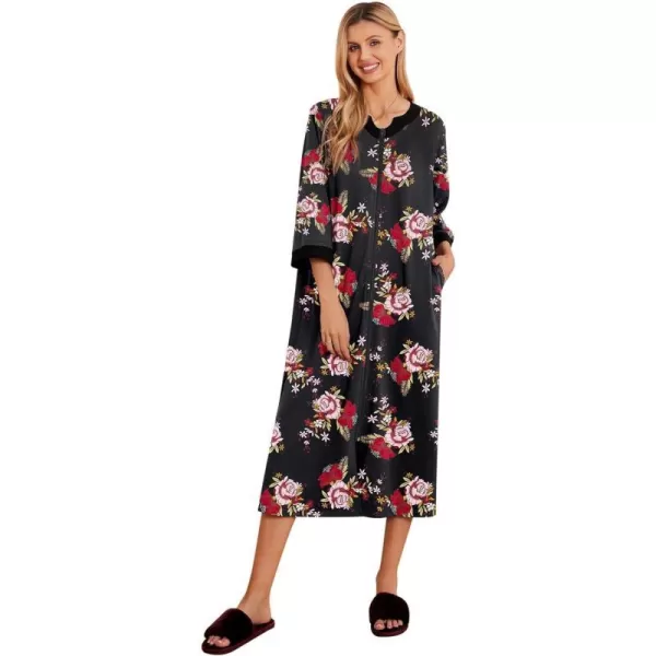 Ekouaer Womens Zipper Robes Long Housecoats Lightweight Bathrobe Full Length Sleepwear with PocketsLongblack Flowers