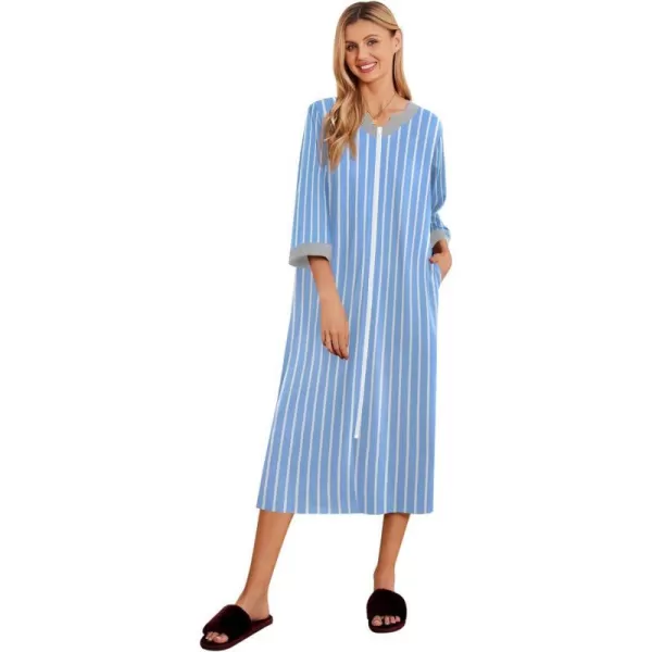 Ekouaer Womens Zipper Robes Long Housecoats Lightweight Bathrobe Full Length Sleepwear with PocketsLongblue Stripes