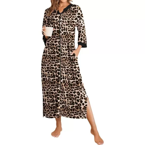 Ekouaer Womens Zipper Robes Long Housecoats Lightweight Bathrobe Full Length Sleepwear with PocketsLongbrown Leopard