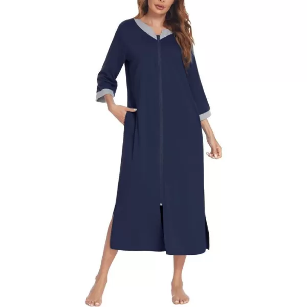 Ekouaer Womens Zipper Robes Long Housecoats Lightweight Bathrobe Full Length Sleepwear with PocketsLongnavy Blue