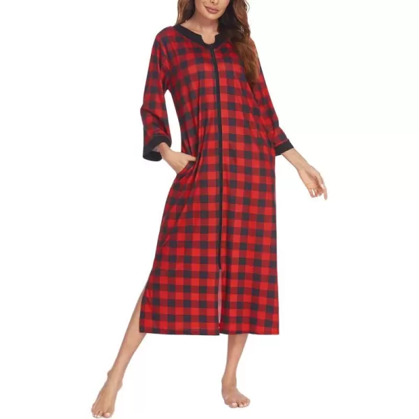 Ekouaer Womens Zipper Robes Long Housecoats Lightweight Bathrobe Full Length Sleepwear with PocketsLongred Plaid