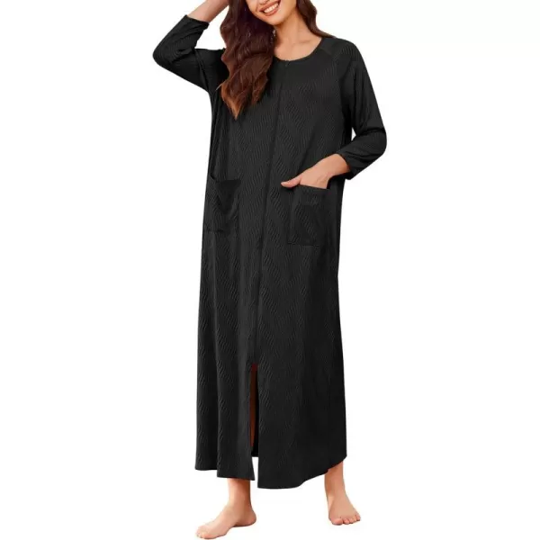 Ekouaer Zipper Robes for Women Ribbed Knit Bathrobe Lightweight Full Length Loungewear with Pockets S3XLBlack