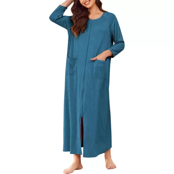 Ekouaer Zipper Robes for Women Ribbed Knit Bathrobe Lightweight Full Length Loungewear with Pockets S3XLBlue