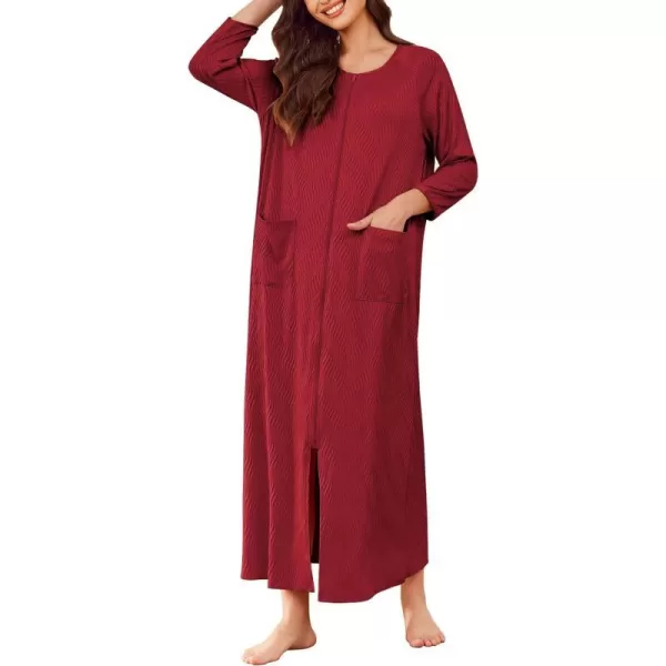 Ekouaer Zipper Robes for Women Ribbed Knit Bathrobe Lightweight Full Length Loungewear with Pockets S3XLWine Red