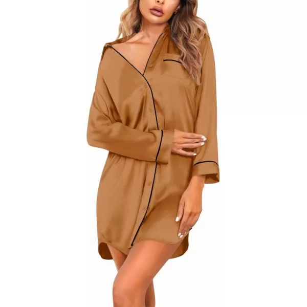 EkouaernbspWomensnbspBoyfriendnbspStylenbspSatinnbspSleepnbspShirtsLight Brown