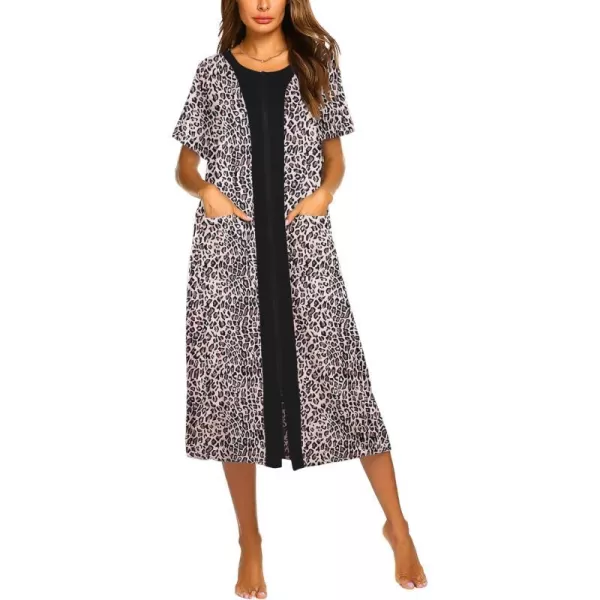 EkouaernbspWomensnbspZippernbspFront LongnbspHousedressLeopard Print