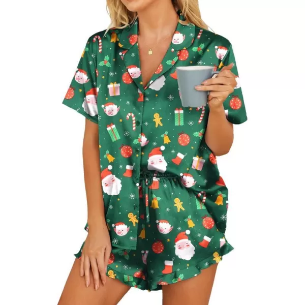 HOTOUCH Womens Satin Pajamas Set Button Down 2 Piece Silk Pjs Shorts Set Ruffle Lingerie Notch Collar SleepwearChristmas Green