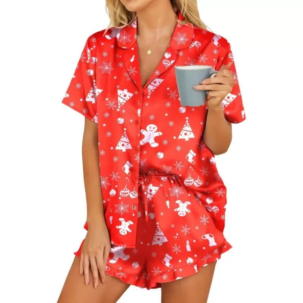 HOTOUCH Womens Satin Pajamas Set Button Down 2 Piece Silk Pjs Shorts Set Ruffle Lingerie Notch Collar SleepwearChristmas Red