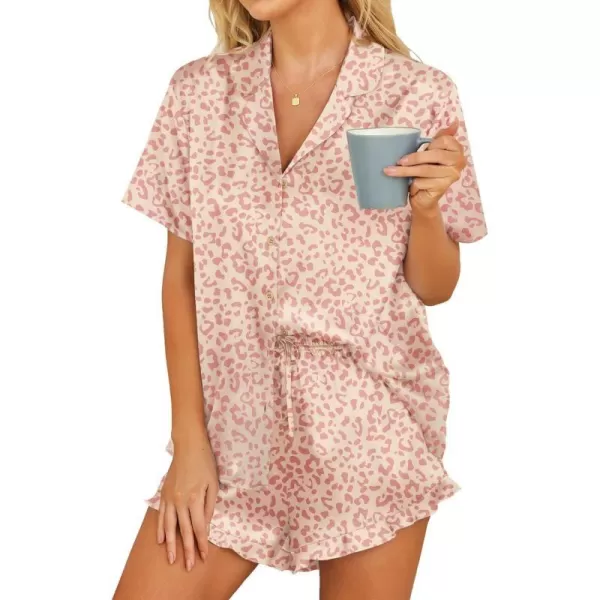 HOTOUCH Womens Satin Pajamas Set Button Down 2 Piece Silk Pjs Shorts Set Ruffle Lingerie Notch Collar SleepwearCoffee Leopard