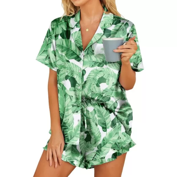 HOTOUCH Womens Satin Pajamas Set Button Down 2 Piece Silk Pjs Shorts Set Ruffle Lingerie Notch Collar SleepwearGreen Leaf