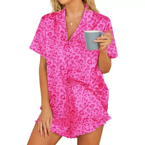 HOTOUCH Womens Satin Pajamas Set Button Down 2 Piece Silk Pjs Shorts Set Ruffle Lingerie Notch Collar SleepwearHot Pink Leopard