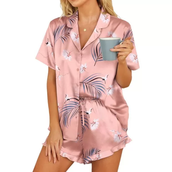 HOTOUCH Womens Satin Pajamas Set Button Down 2 Piece Silk Pjs Shorts Set Ruffle Lingerie Notch Collar SleepwearPink Crane