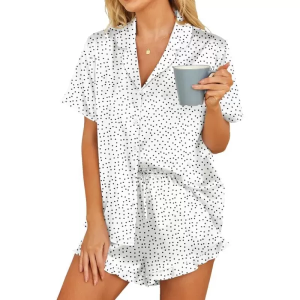 HOTOUCH Womens Satin Pajamas Set Button Down 2 Piece Silk Pjs Shorts Set Ruffle Lingerie Notch Collar SleepwearWhite Dots