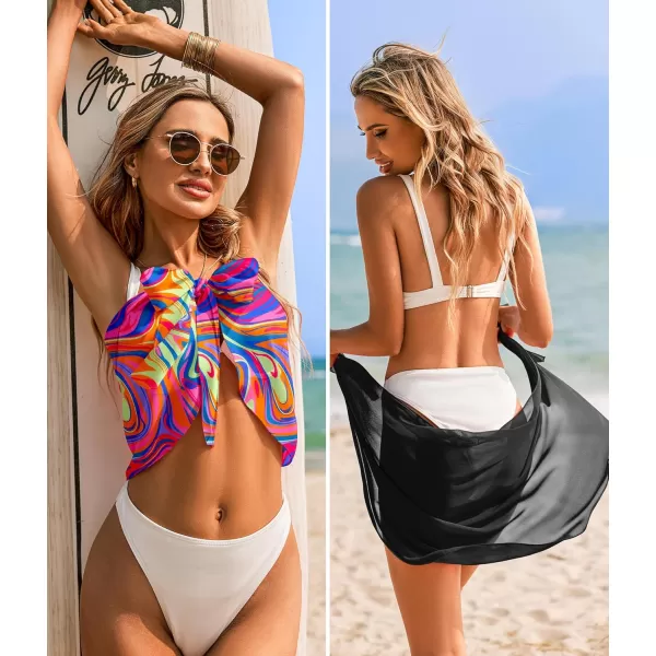 Ekouaer 2 Pieces Women Beach Sarongs Sheer Cover Ups Chiffon Bikini Wrap Skirt for Swimwear SXXLBlack Pink Art Stripe