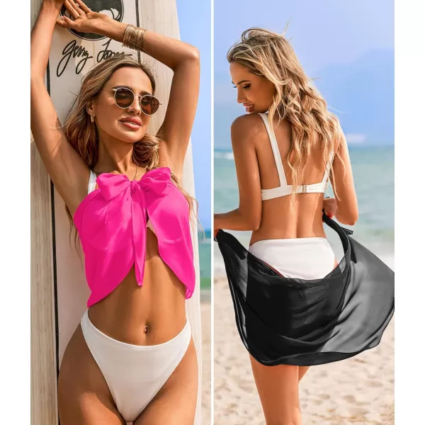 Ekouaer 2 Pieces Women Beach Sarongs Sheer Cover Ups Chiffon Bikini Wrap Skirt for Swimwear SXXLBlackFluorescent Rose Red