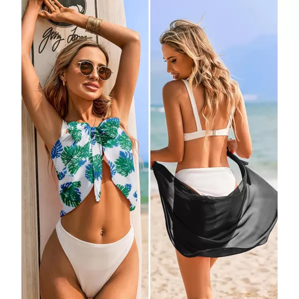 Ekouaer 2 Pieces Women Beach Sarongs Sheer Cover Ups Chiffon Bikini Wrap Skirt for Swimwear SXXLBlackGreen Leaves