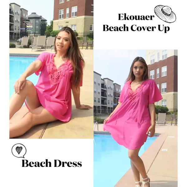 Ekouaer Swimsuit Cover Ups for Women Lace Crochet VNeck Bikini Beach Coverups Dress for Swimwear Bathing Suit00hot Pink